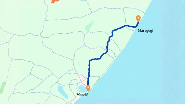 Vista panorâmica da distância entre Maceió e Maragogi com paisagens deslumbrantes
