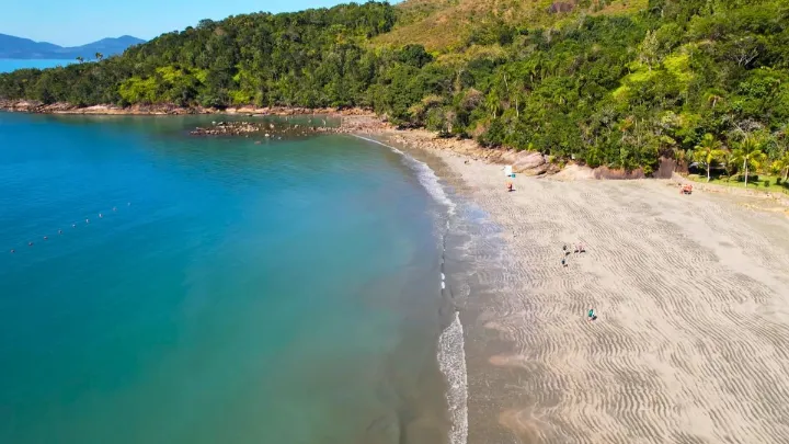 Vista da praia da fortaleza ubatuba com águas cristalinas e mata atlântica