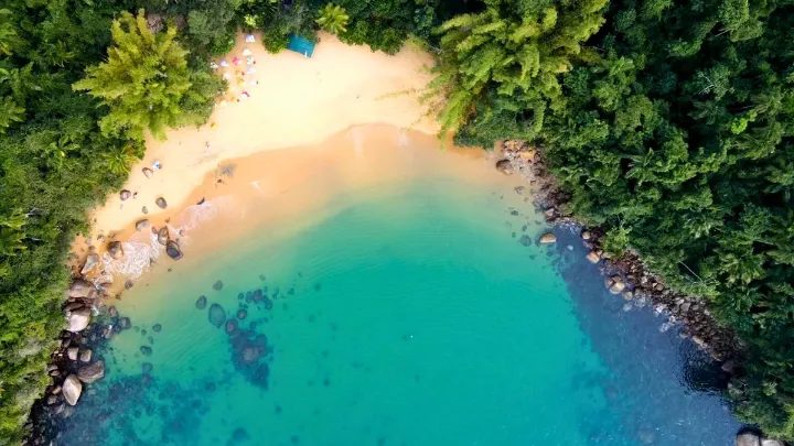 Vista da praia do cedro ubatuba com águas calmas e trilha ao redor