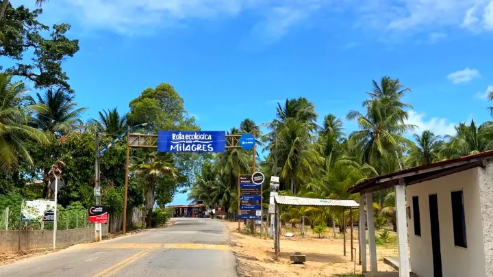 Paisagem costeira de São Miguel dos Milagres com praia e mar esverdeado