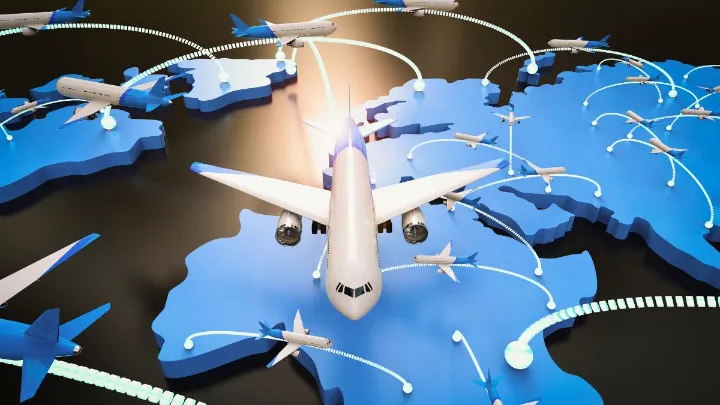 Ilustração com aviões voando sobre mapa azul de países.