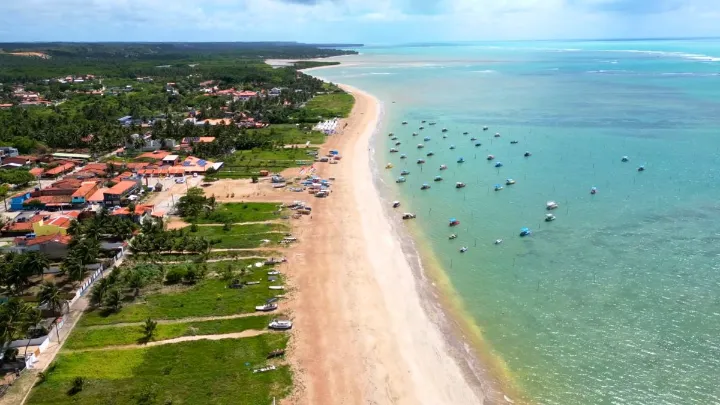 Vista das praias de São Miguel dos Milagres com águas esverdeadas e coqueiros