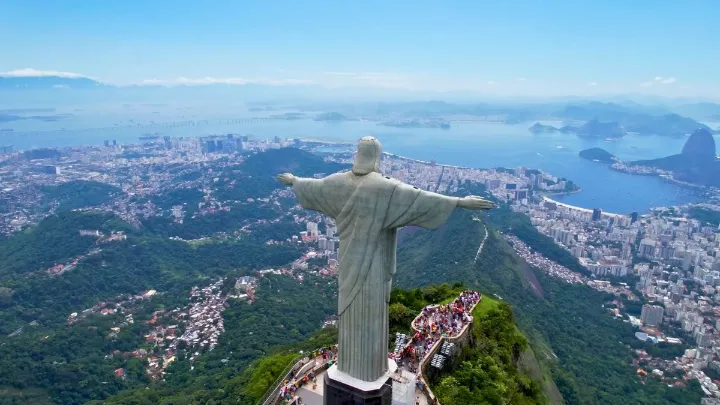 Panoramic view of Rio de Janeiro attractions including Christ the Redeemer and Sugarloaf Mountain