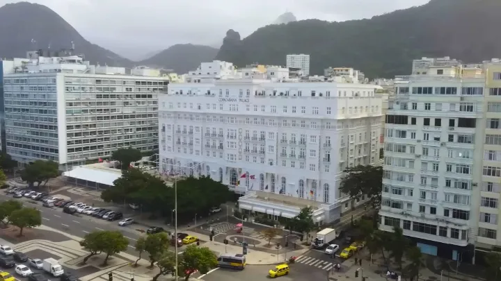 Panoramic view of Rio de Janeiro hotels with Sugarloaf Mountain in the background