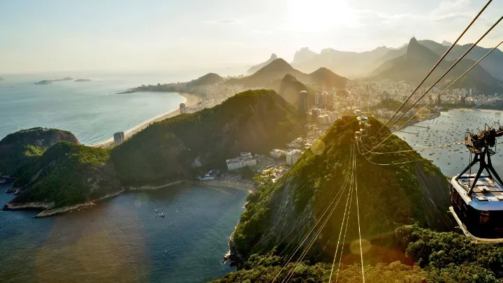 Panoramic view of Rio de Janeiro with Sugarloaf Mountain and blue ocean