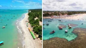 Vista panorâmica de São Miguel dos Milagres com areia branca e mar azul