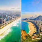 Vista aérea da Barra da Tijuca e Ipanema com praias e prédios ao fundo.