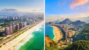 Vista aérea da Barra da Tijuca e Ipanema com praias e prédios ao fundo.
