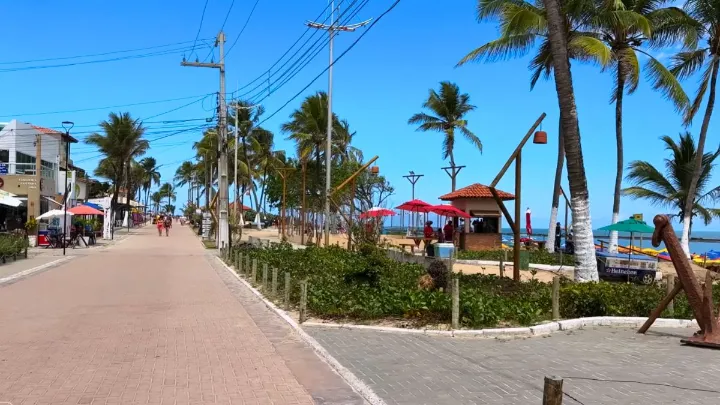 Calçadão arborizado na Praia do Francês com áreas de lazer e vista para o mar.