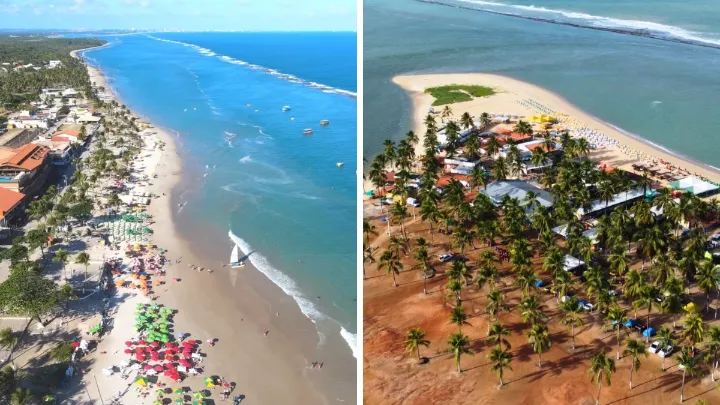 Vista aérea mostrando a Praia do Francês à esquerda e a Praia do Gunga à direita.
